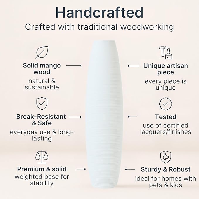Leewadee Large 26″ Tall Floor Vase, White - Handcrafted Mango Wood for Pampas & Dried Stems