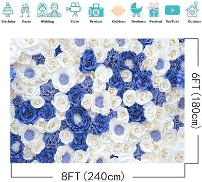 8X6FT Blue White Fowers Photo Backdrop Anniversary Celebration Couple Studio Props Photography Backdrops Wedding Background Newborn Shower Banner Birthday Party Props DH-87