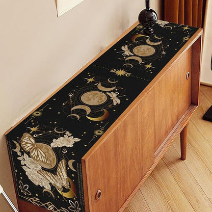 Gothic Moth Table Runner, Boho Floral Gothic Sun Moon Phase Mystical Witchy Starlight Coffee Table Center Decor for Home Kitchen Dining Patio Holiday Party Table Decorations 13x72 inches