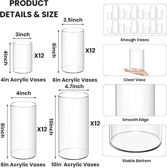 48 Pack Acrylic Cylinder Vases 4,6,8 10 Inch Tall Clear Acrylic Flower Vase Bulk Floating Candle Holders Cylinder Plastic Vases for Centerpiece Table Wedding Home