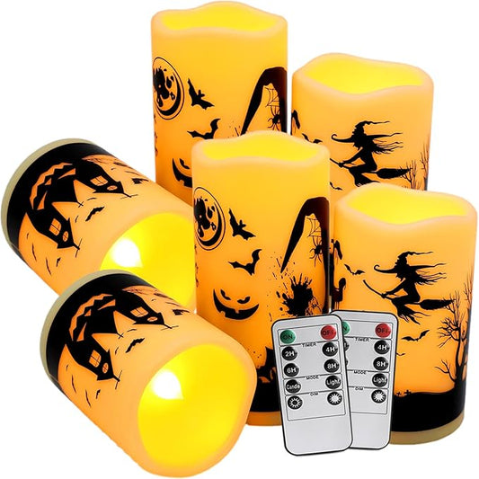 A Set of 6 Halloween-Themed LED flameless Candles, Featuring a timed Remote Control and Halloween-Themed Atmosphere Patterns, Perfect for Trick-or-Treating LED Candles，Halloween Spooky.