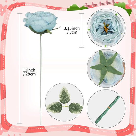 16pcs Silk Rose Head Light Blue Austin Roses Vintage Burnt Flower Artificial Flower Head with Stems for DIY Flower Wedding Bouquets Centerpieces Home Decoration (Light Blue)