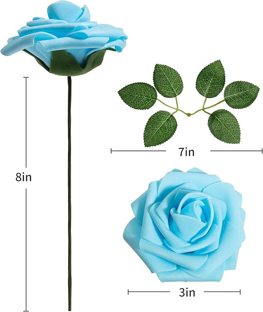 DuHouse 25Pcs Artificial Roses Flowers Fake Rose with Stems Real Touch Foam Flowers for DIY Wedding Bouquet Baby Shower Centerpiece Floral Arrangement Party Home Decor (Sky Blue)