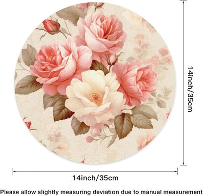 Flower Round Placemat Set of 4 Elegant Linen Table Mats for Dining, Heat Resistant, Stain Resistant Perfect for Dinner Parties, Restaurants, and Everyday Use