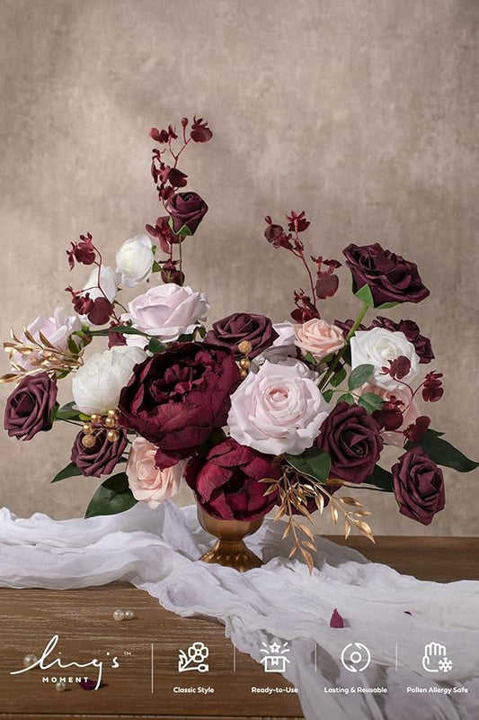 Ling's moment Fake Flowers Box, Faux Artificial Greenery Stems Foam Roses Silk Peonies Ranunculus Fabic Flower for Centerpieces Bouquet Wedding Vase Decorations, Berry Pink & Blush, Deluxe Combo