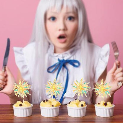 Gyufise 20Pcs Foil Firework Cupcake Toppers Happy Birthday Cake Toppers Tinsel Flower Drink Stirrers Cocktail Food Fruit Toothpicks for Valentine's Day Party Birthday Wedding Supplies Yellow