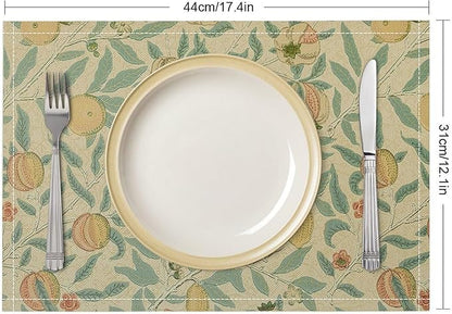 Vintage Floral Placemats Set of 4, William Morris Retro Fruit Boho Botanical Plant Place Mats, Heat Resistant Non Slip Cotton Linen Dining Table Mats for Home Kitchen Party 18x12 Inch