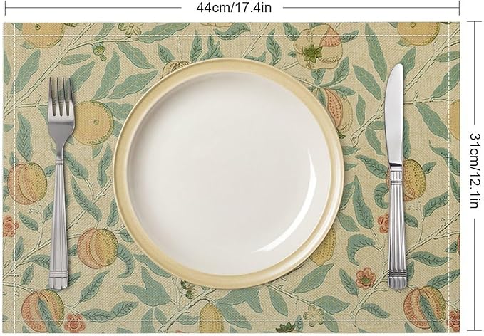 Vintage Floral Placemats Set of 6, William Morris Retro Fruit Boho Botanical Plant Place Mats, Heat Resistant Non Slip Cotton Linen Dining Table Mats for Home Kitchen Party 18x12 Inch