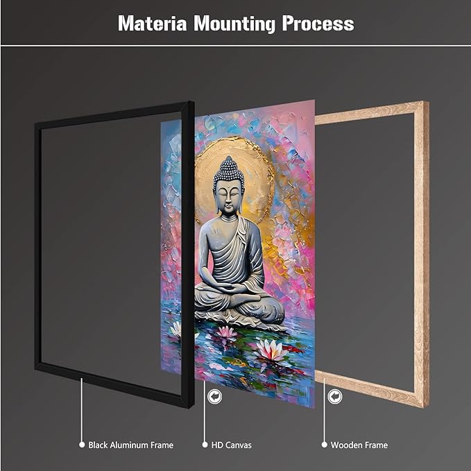 Lotus and golden Buddha meditation tranquil zen wall art mindfulness wall art for spiritual harmony and tranquility decor 16x24in Metal blackFramed