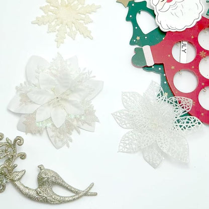24Pcs Christmas Poinsettia Artificial Flowers and Glitter Berries Kit, 2 Styles Total 16Pcs Christmas Tree Flowers Ornaments, 8Pcs Christmas Tree Picks for Wedding Holiday Decorations, White
