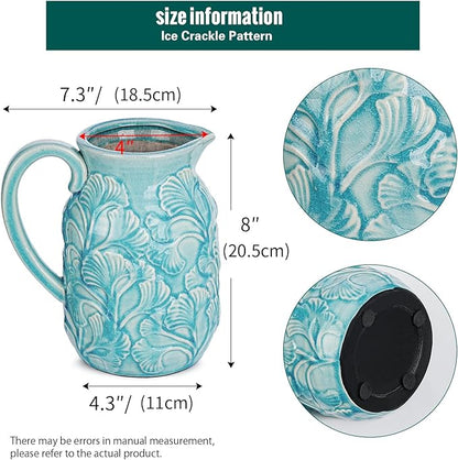 Sungmor Embossed Ceramic Pitcher Vase, Decorative Blue Farmhouse Ceramic Pitcher for Flowers, Vintage Textured Vase for Table, Kitchen & Home Decor, 8 Inch with Ice Crackle Glaze Finish