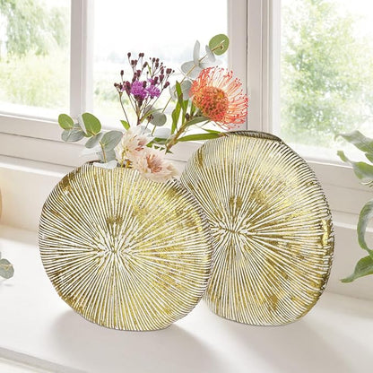 Gold Metal Vase for Home Decor – 13" x 11.8" Modern Decorative Vase for Pampas Grass, Artificial Flowers & Dried Bouquets – Elegant Textured Flower Vase for Living Room, Bedroom & Office