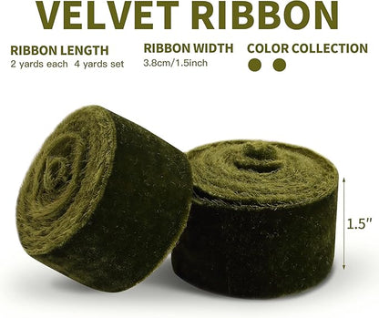 Velvet Ribbon for Gift Wrapping Olive Green Handmade Fringe Ribbons for Crafts Bouque Christmas Decorations 2 Rolls 1 1/2 Inch x 2 Yd (4 Yards Total)
