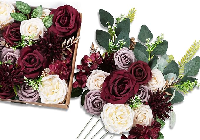 ponatia Burgundy Artificial Flowers, Wedding Flowers Combo for DIY Wedding Bouquets Centerpieces Arrangements Party Baby Shower Home Decorations (Dusty Rose & Cream)