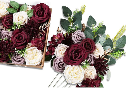 ponatia Burgundy Artificial Flowers, Wedding Flowers Combo for DIY Wedding Bouquets Centerpieces Arrangements Party Baby Shower Home Decorations (Dusty Rose & Cream)