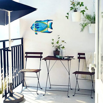 John's Studio Fish Sea Wall Decor Outdoor Metal Garden Hanging Art Glass Sculptures Home Ocean Theme Decorations for Kitchen Bathroom and Pool - Blue