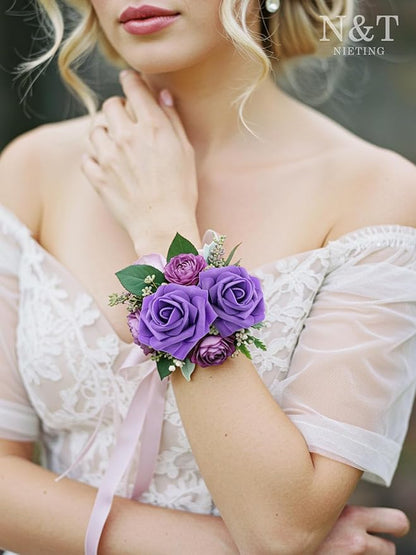 N&T NIETING Fake Flowers Purple Roses, 50Pcs Artificial Flowers Foam Roses with Stems for DIY Wedding Bridesmaid Bridal Bouquets Centerpieces Party Home Decoration Baby Showe