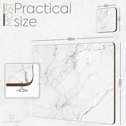 Set of 4 Heat Resistant Cork Placemats for Dining Table with Free Set of 4 Matching Drink Coasters Marble Design 16 x 12 Inches Cork Backed Hard Placemats (White Marble)