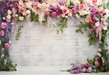 YongFoto Retro White Brick Wall Floral Arch Backdrop 7x5ft Rose Flowers Vine Leaves Photography Background Birthday Bridal Shower Wedding Party Banner Room Decor Portraits Photoshoot Wallpaper