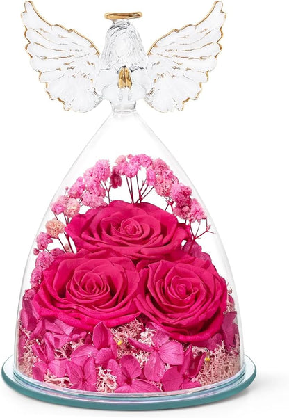 Preserved Flower Rose Gifts for Women, Forever Eternal Fresh Flowers in Glass Angel Figurines Flowers for Delivery Prime for Grandma Mom from Daughter Sister Her Wife on Mothers Day Birthday Christmas