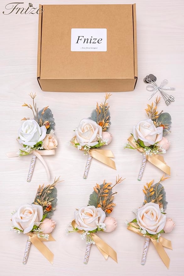 Fnize Champagne Boutonniere for Men, 6 Pcs Groom Groomsmen Boutonnieres, Artificial Flowers for Wedding Prom Homecoming