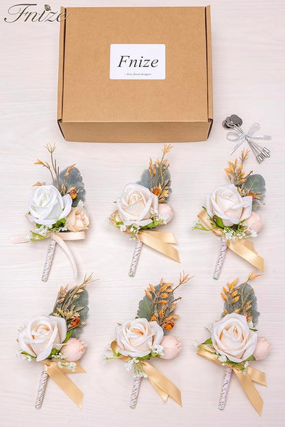Fnize Champagne Boutonniere for Men, 6 Pcs Groom Groomsmen Boutonnieres, Artificial Flowers for Wedding Prom Homecoming