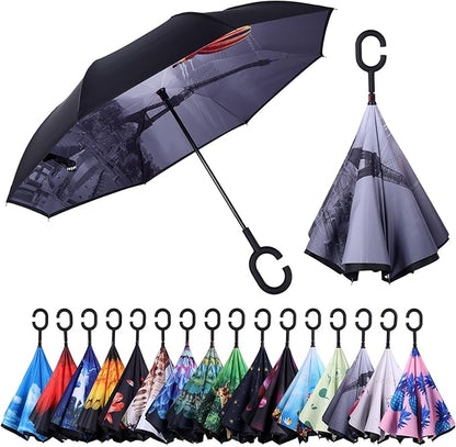 Inverted Umbrella, 49 Inch Double-Layer Vented Reverse Umbrella, Windproof Waterproof UV Protection, Lightweight C-Handle, Fiberglass Ribs, Steel Shaft, Travel/Commute/Car Use, With Sleeve