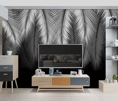 grey tropical botanical leaf wallpaper bedroom palm leave plant murals office modern black and white trendy room decor living room tv background large wall mural - 160"x108"Not Peel and Stick