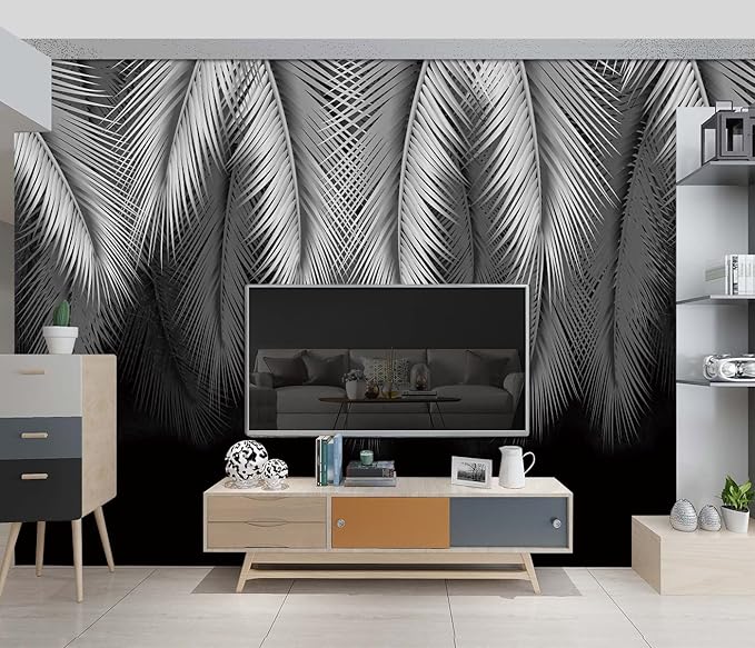 grey tropical botanical leaf wallpaper bedroom palm leave plant murals office modern black and white trendy room decor living room tv background large wall mural - 137"x96" Not Peel and Stick