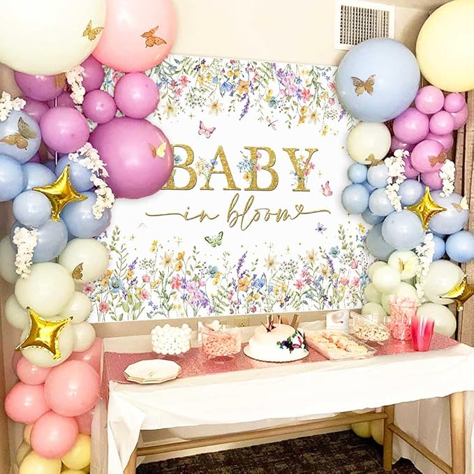 Sensfun Baby in Bloom Backdrop Wildflower Baby Shower Decorations Baby Girl's Watercolor Blossom Floral Butterfly Garden Baby Shower Photography Background Cake Table Banner Party Supplies 8x6ft