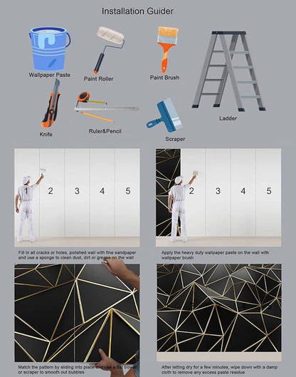 Black and Gold Wallpaper 3D Abstract Geometric Wall Mural for Bedroom Living Room TV Background Wall（Not Peel and Stick）