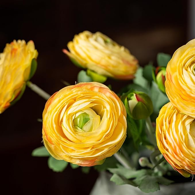 Yellow Ranunculus Artificial Flowerswith Real Touch Stem, Fake Ranunculus Flowers (Yellow, 6pcs)