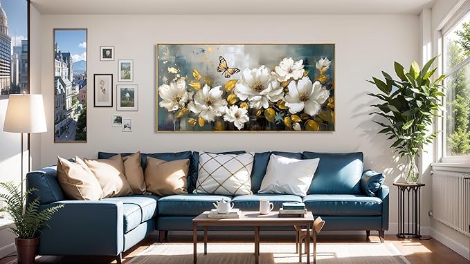 Wall Art Modern Flower Artwork Paintings White Blossom Gold Leaf Butterfly Landscape Picture wall Decor for Living Room Bedroom Kitchen 24"x48" with Framed