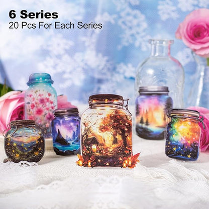 120 Pcs Bottle World PET Stickers, 60 Jar-Themed Designs with Butterflies, Flowers, Starry Sky and Forest Lights, Waterproof Decorative Stickers for Journaling, Scrapbooking and DIY Crafts