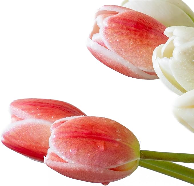40pcs Artificial Tulips Flowers, Real Touch Latex Bouquet, Fake Tulips for Office Wedding Party Home Kitchen Garden Decoration-B Coral Pink Suit
