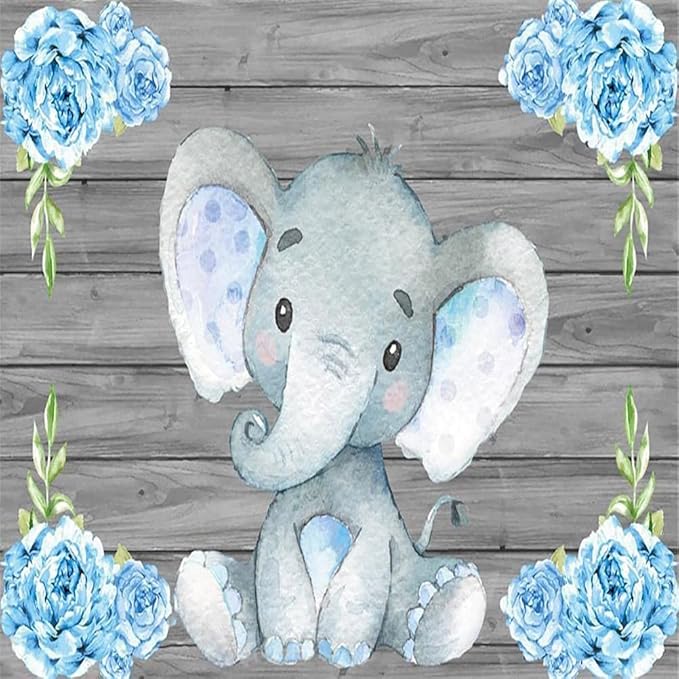AOFOTO 8x8ft Elephant Rustic Grey Wooden Backdrop for Boy Baby Shower Watercolor Blue Floral Cartoon Animal Gender Reveal Photography Background It's a Boy Newborn Kids Birthday Party Decoration