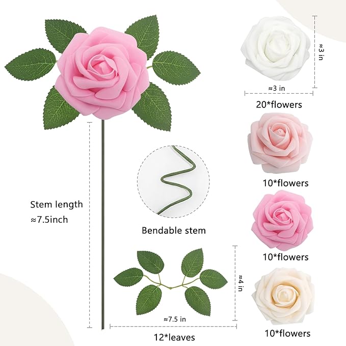 50PCS Artificial Flowers Pink Roses Real Looking Foam Fake Roses with Leaves and for DIY Wedding Bouquets Bridal Shower Centerpieces Party Decorations (Pink Series, 50)