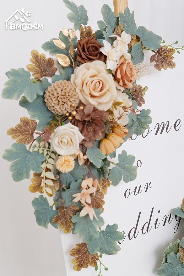 Wedding Welcome Signs Floral(Pack of 2)，Wedding Arch Flowers for Wedding Decorations and Reception Backdrop Decoration(New Coffee)