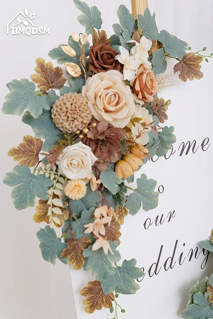 Wedding Welcome Signs Floral(Pack of 2)，Wedding Arch Flowers for Wedding Decorations and Reception Backdrop Decoration(New Coffee)