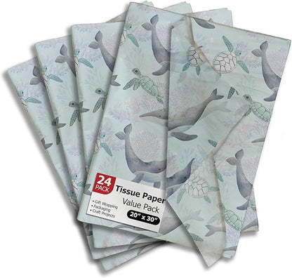 Pro Supply Global Sea Creatures Turtles and Whales Printed Tissue Paper for Gift Bags or Boxes and Wrapping - Ocean Bulk Decorative Art Tissue Paper for Packaging and Gifting | 24 Sheets 20" x 30"