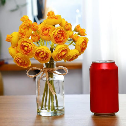 Ranunculus Artificial Flowers with Vase, 2 Pack - 8 Pcs Faux Silk Ranunculus Flower in Vase, Small Flowers Arrangements for Home Decor Indoor, Table Centerpiece. (Yellow)
