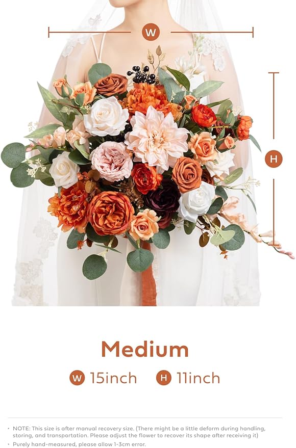 Ling's moment Terracotta Wedding Bouquets for Bride, Burnt Orange Bridal Bouquets for Bride, 15 Inch Free Form Artificial Wedding Flower Bouquet