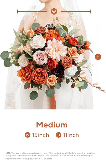 Ling's moment Terracotta Wedding Bouquets for Bride, Burnt Orange Bridal Bouquets for Bride, 15 Inch Free Form Artificial Wedding Flower Bouquet