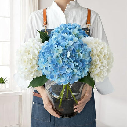 Silk Flowers Hydrangea Artificial Flowers, 4Pcs 22Inch Large Lifelike Faux Flowers, Full Fake Artificial Hydrangeas with Stems for Bouquet Table Centerpieces Home Decoration (White/Blue)