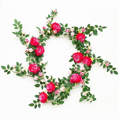 6FT Bendable Flower Garland, Artificial Rose Vine Hanging Floral Garland Decoration for Weding Home Room Wall Decor (Fushia, 2pcs)