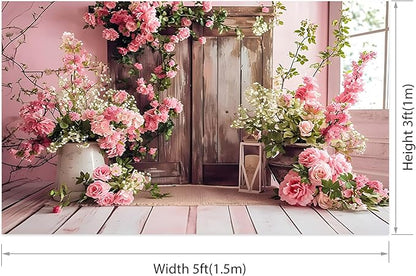 AOTOFO 5x3ft Rustic Wood Floral Backdrop for Baby Shower Newborn Studio Picture Photography Wooden Door Pink Flower Wall Background Wedding Bridal Shower Birthday Party Photoshoot Booth Banner