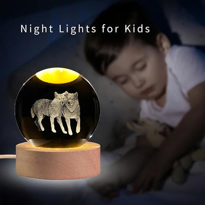 3D Wolf Crystal Ball with LED Light Base, 60mm Glass Sphere Decorative Balls, Wolf Figurine Lamp Gifts for Women Kids