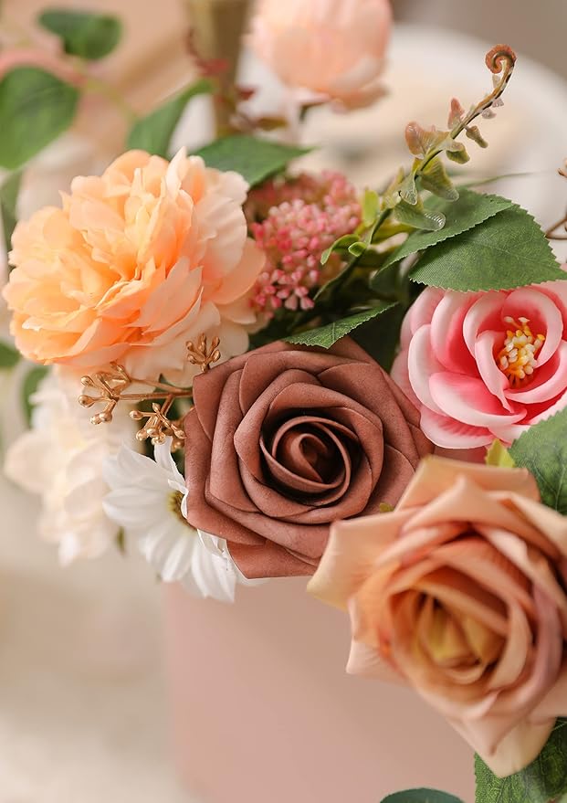 Serra Flora Artificial Flowers Combo Box Set Faux Flowers Bulk Flower Leaf with Stems for DIY Wedding Bouquets Centerpieces Baby Shower Party Home Decorations(Champagne Pink)