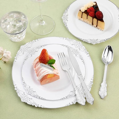 300PCS Silver Plastic Silverware for 100 Guests, Heavy Duty Silver Disposable Utensils Sets, Includes 100 Forks, 100 Spoons, 100 Knives, Elegant Cutlery Perfect for Wedding or Party
