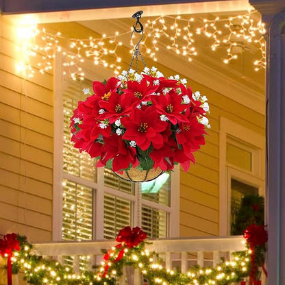 12 Bunches Poinsettias Artificial Christmas Flowers for Outdoors,14'' Fake Red Poinsettias Faux Eucalyptus Plants UV Resistant for Home Planters Garden Porch Christmas Winter Spring Décor